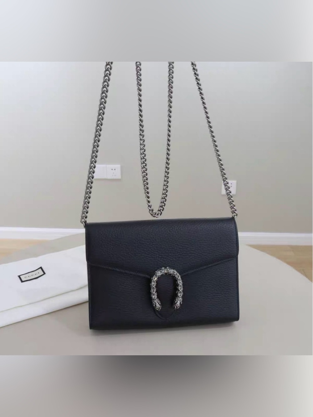 Gucci Black Leather Crossbody Bag with Silver Chain